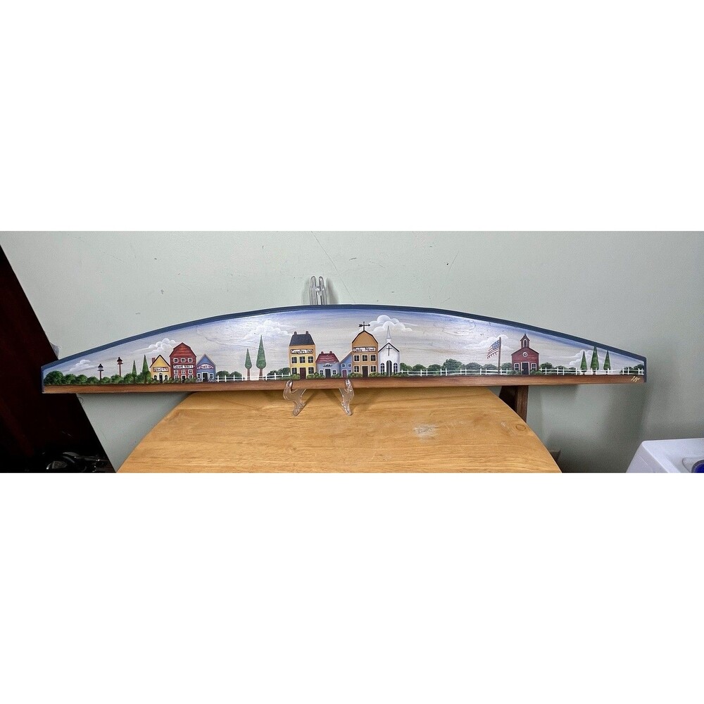 Vtg Hand Painted Half Moon Country Road Wall Wooden Plague 36" Primitive Rustic